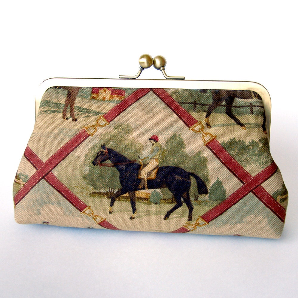 Kisslock Frame Clutch Silk Lined Jockey and Horse in Cordova Brown Royal Ascot Races Bridesmaid Bride Wedding Gifts Preppy