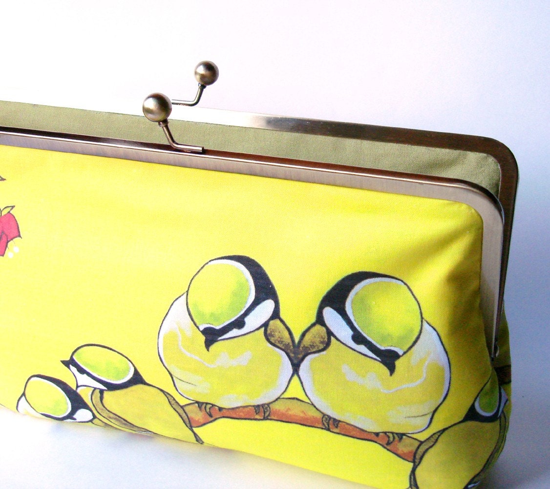 Large Yellow Birds on a Branch Frame Clutch with Green Interior and Optional Silk Lining 12 inch size