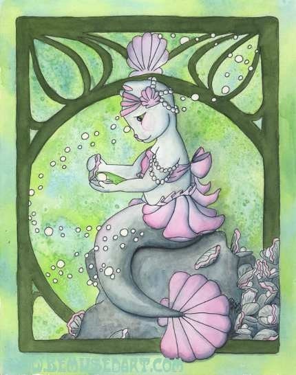Purrfect Pearl Mermaid Cat Watercolor Painting