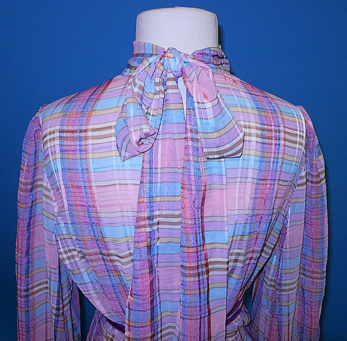 Vtg 70s Sheer Pastel Plaid Blouse with Long Back Ascot