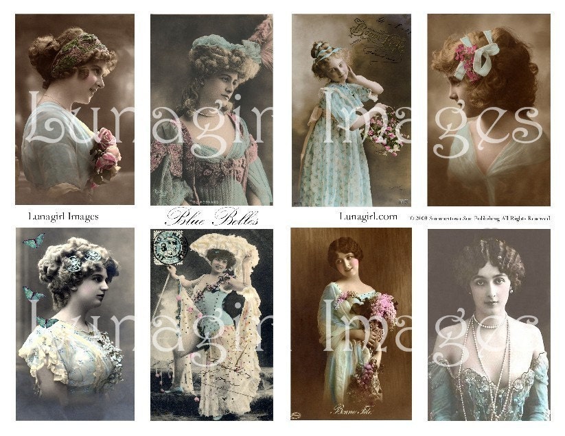 BLUE BELLES collage sheet DOWNLOAD vintage photos images ladies women Victorian Edwardian girls altered art French postcards ephemera