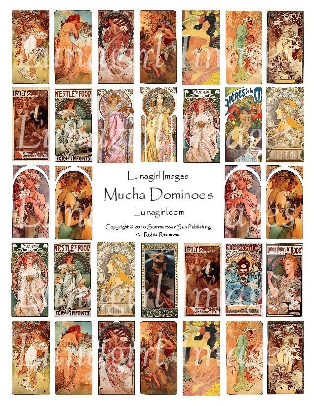 MUCHA DOMINOES collage sheet DOWNLOAD vintage images Paris Art Nouveau women goddess art tiles pendants