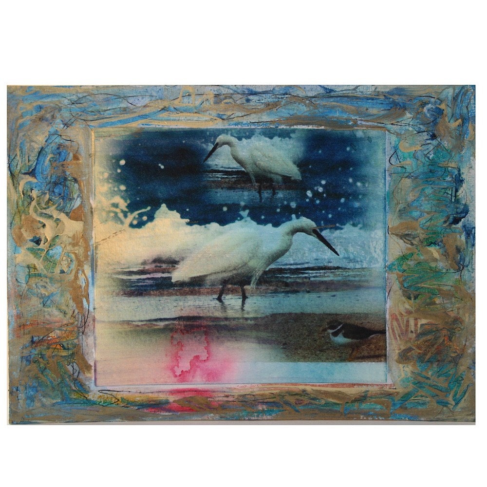 Egrets in the surf Mixed Media original