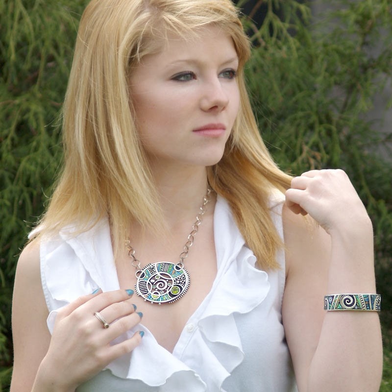 Silver Necklace with Gem stones and Iridescent Mosaic Inlay