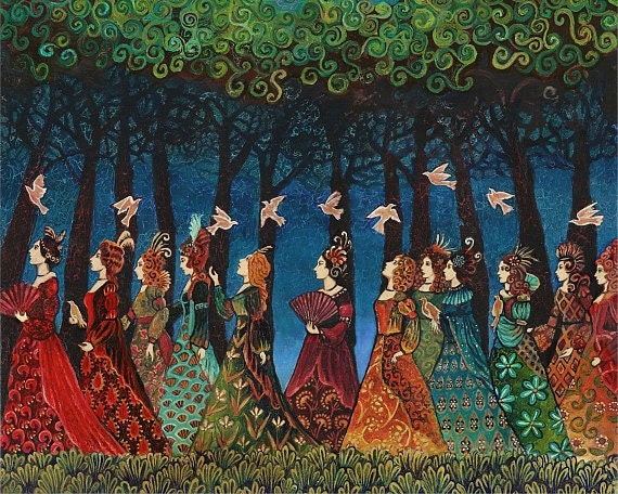 Twelve Women with Birds - Goddess Art 16x20 Poster Print
