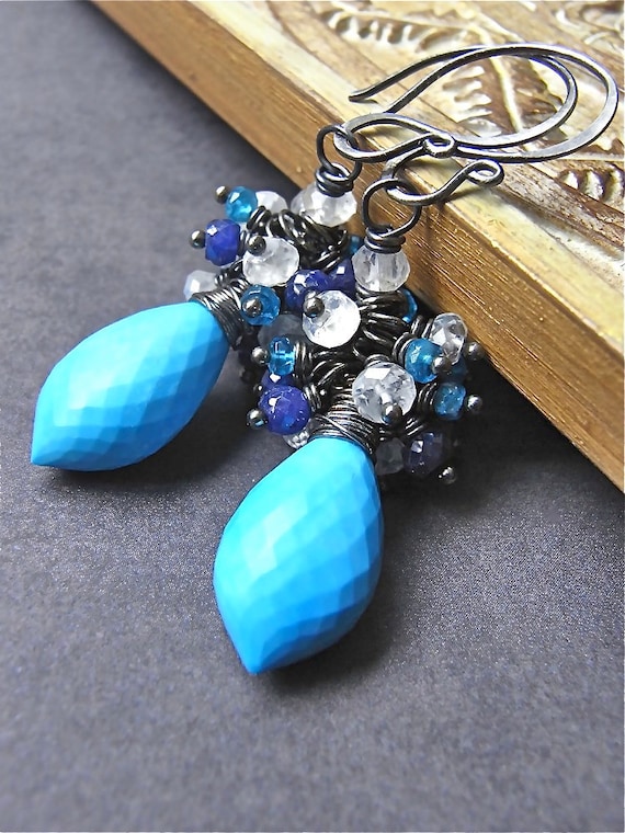 On Sale - Earrings - turquoise, sterling silver, oxidised, apatite, sapphire, moonstone - Castaway