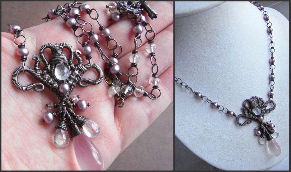 Necklace - sterling silver, oxidised, moonstone, rose quartz, white topaz, freshwater pearl, Balinese silver, wire wrapped, pendant, ornate, luxurious, art jewellery - Madame de Tourvel