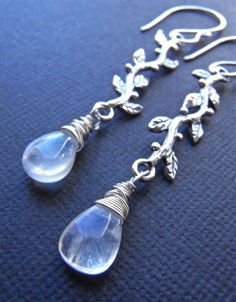 Earrings - sterling silver, moonstone, briolette, slender, branch design - Ceridwen