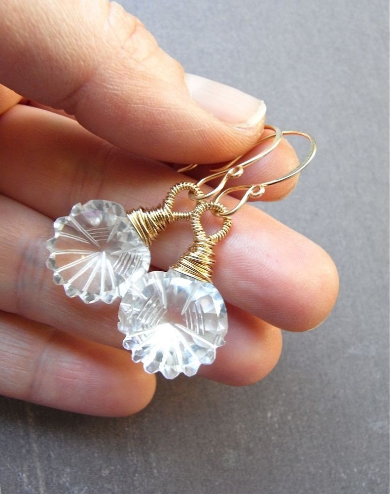 Earrings - goldfill, rock crystal quartz, carved, AAA gemstone  - Tilda