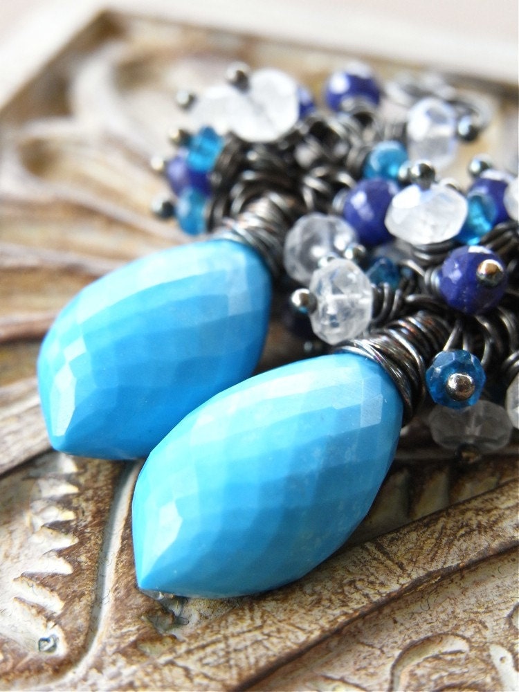 On Sale - Earrings - turquoise, sterling silver, oxidised, apatite, sapphire, moonstone - Castaway