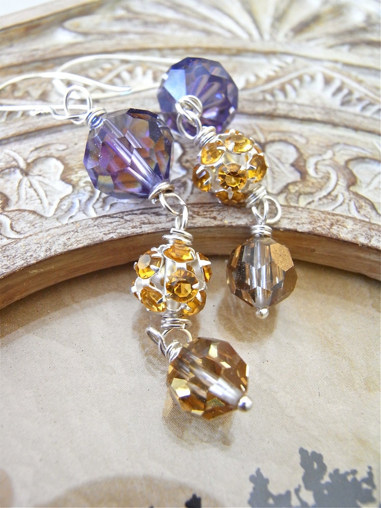 Earrings - vintage Swarovski crystal, modern crystal, sterling silver - Gilded Pansy