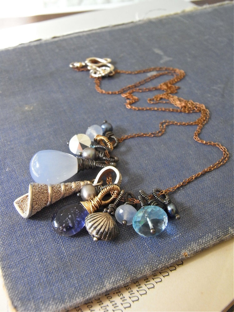 Necklace - sterling silver, red brass, wire wrapped, oxidised, mixed gemstone, freshwater pearl - Mermaid