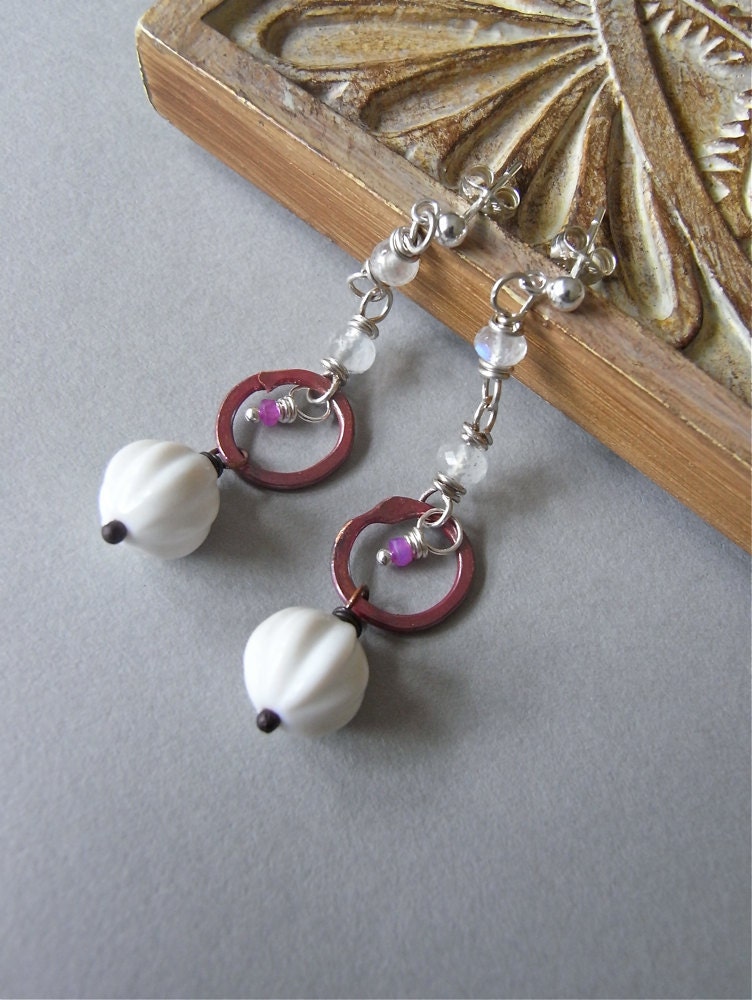 Earrings - vintage Swarovski crystal, sterling silver, moonstone, ruby, rosy copper, stud earrings - Fuchsia
