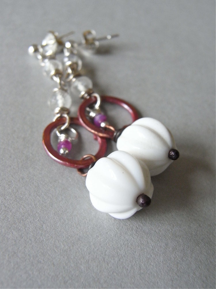 Earrings - vintage Swarovski crystal, sterling silver, moonstone, ruby, rosy copper, stud earrings - Fuchsia