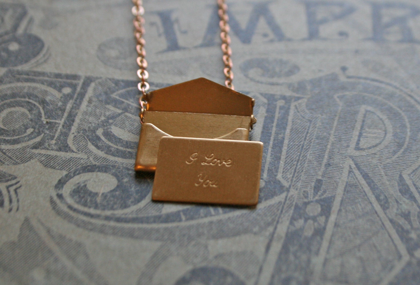 little love note - brass envelope charm on vintage chain