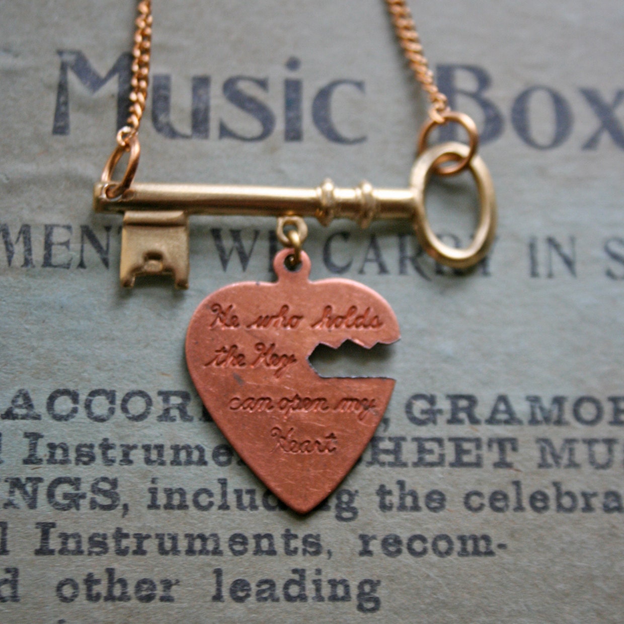 he who holds the key - key and heart brass charm necklace