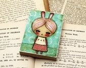Pink Bunny Girl - ACEO Giclee Reproduction Mounted On Wood Block by Danita Art (2.5  x 3.5 Inches Print)
