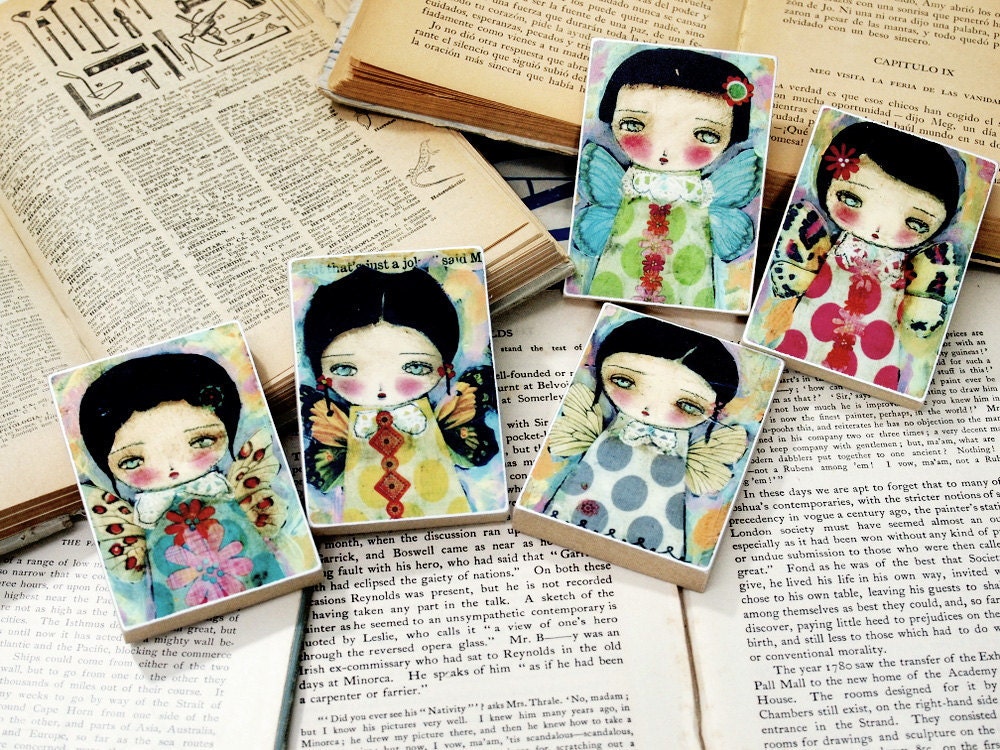 The Fairies Of Spring - Five (5) Piece Wood Mounted ACEO Block Hanging Decorations