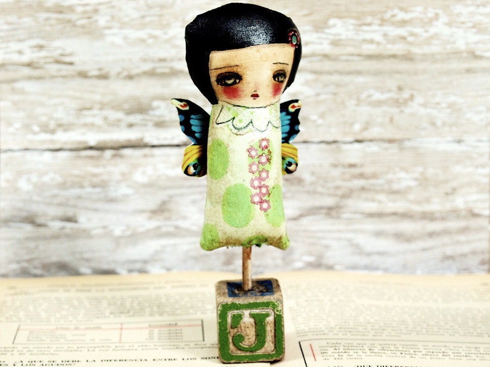 Gen The Spring Fairy - Original Mixed Media Fabric Collage Art Doll On Wood (7 x 3 x 1.5)
