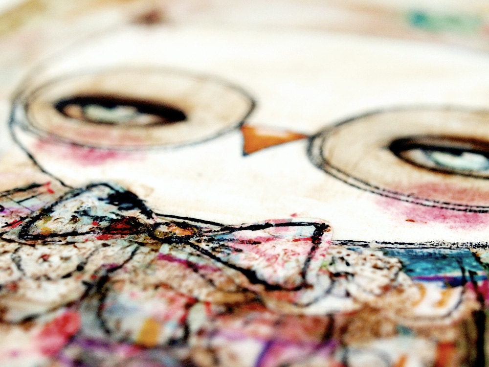 The Amazing Mr. Owl - Original Mixed Media Collage Painting By Danita (8x10 Inches On Wood)