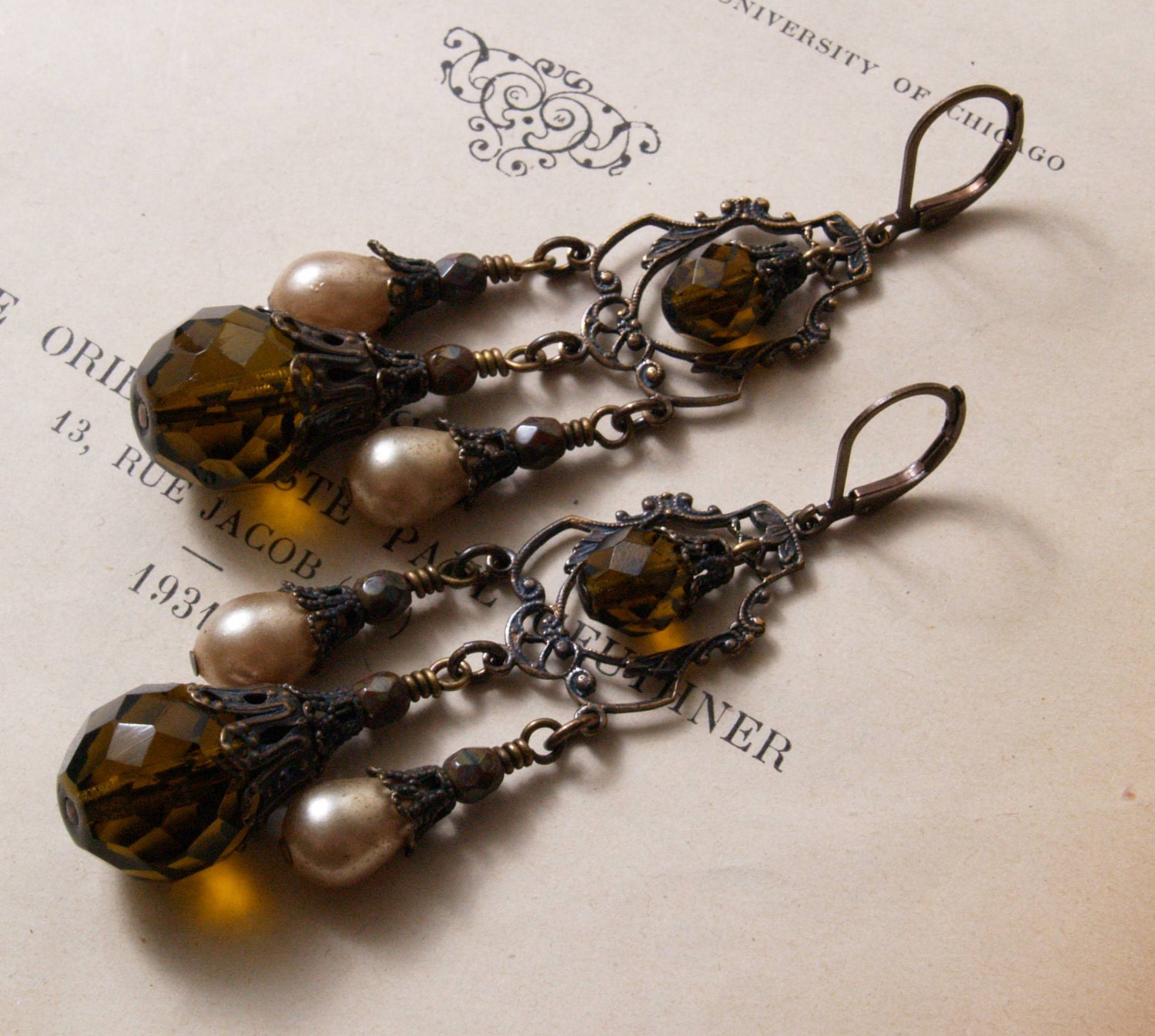 Victorian Earrings in Dark Olive and Pearl