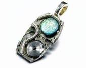 Steampunk BRAIN OF THE CYBORG Fused Dichroic Art Glass Pendant with Necklace