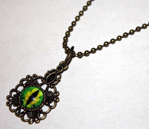 Antiqued Brass Filigree Green Evil Dragon Glass Taxidermy Eye Pendant with Ball Chain Necklace