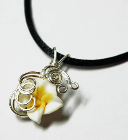 Perfume Pendant - PREMADE - Aromatherapy Wire Wrapped White Polymer Clay Tropical Plumeria Flower