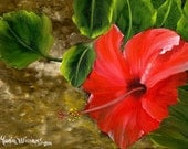 Original Art Red Tropical Hibiscus Flower / Red Amapola /  Framed Oil Painting by Maria Williams