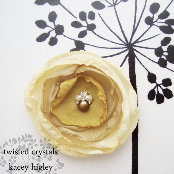 Flower in yellow, mustard and khaki handmade with a vintage Swarovski crystals and pearls. For your wedding, hair and clothing.