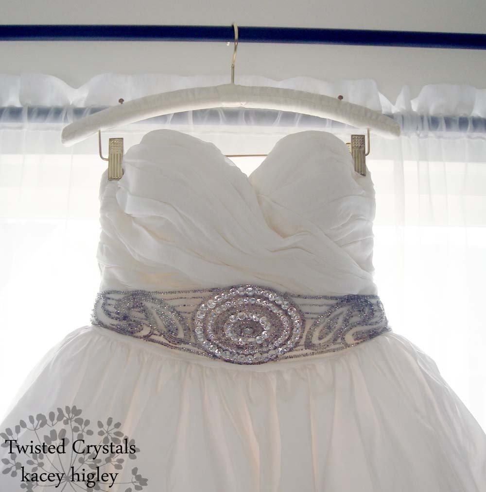 Hollywood glam wedding...  Limited vintage tulle sash applique covered with beads and fantastic vintage Swarovski crystals. Ready to ship.