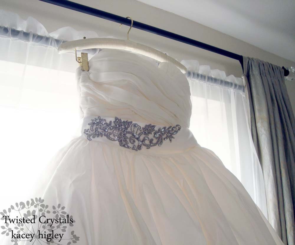 Rhinestone jeweled wedding sash applique finished with tulle.  Ready to ship.