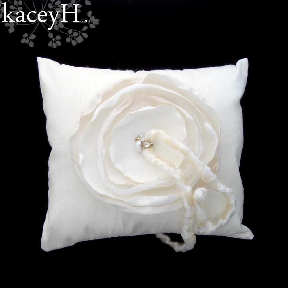 Lux ivory silk ring pillow with a soft ivory silk chiffon and bridal satin flower.  Ring bearer pillow, ready to ship.