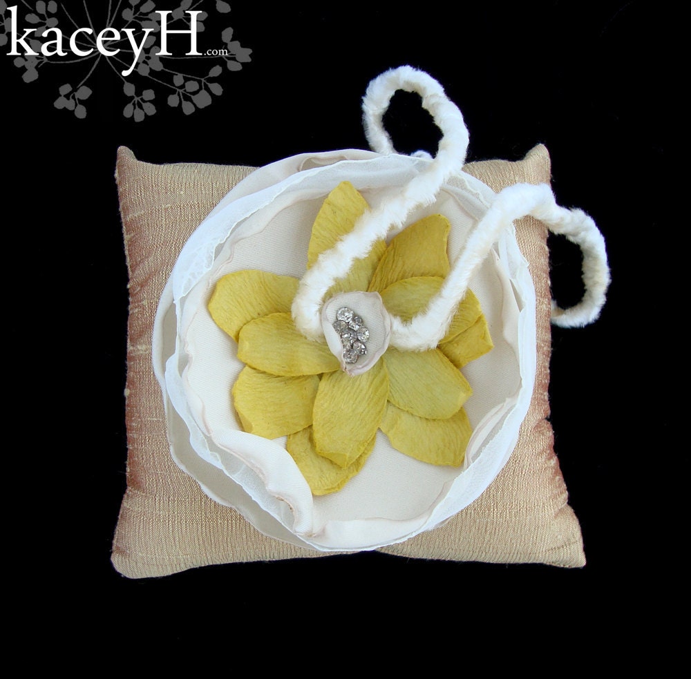 Golden apricot silk ring pillow with soft cream flowers.  Ring bearer pillow, ready to ship.