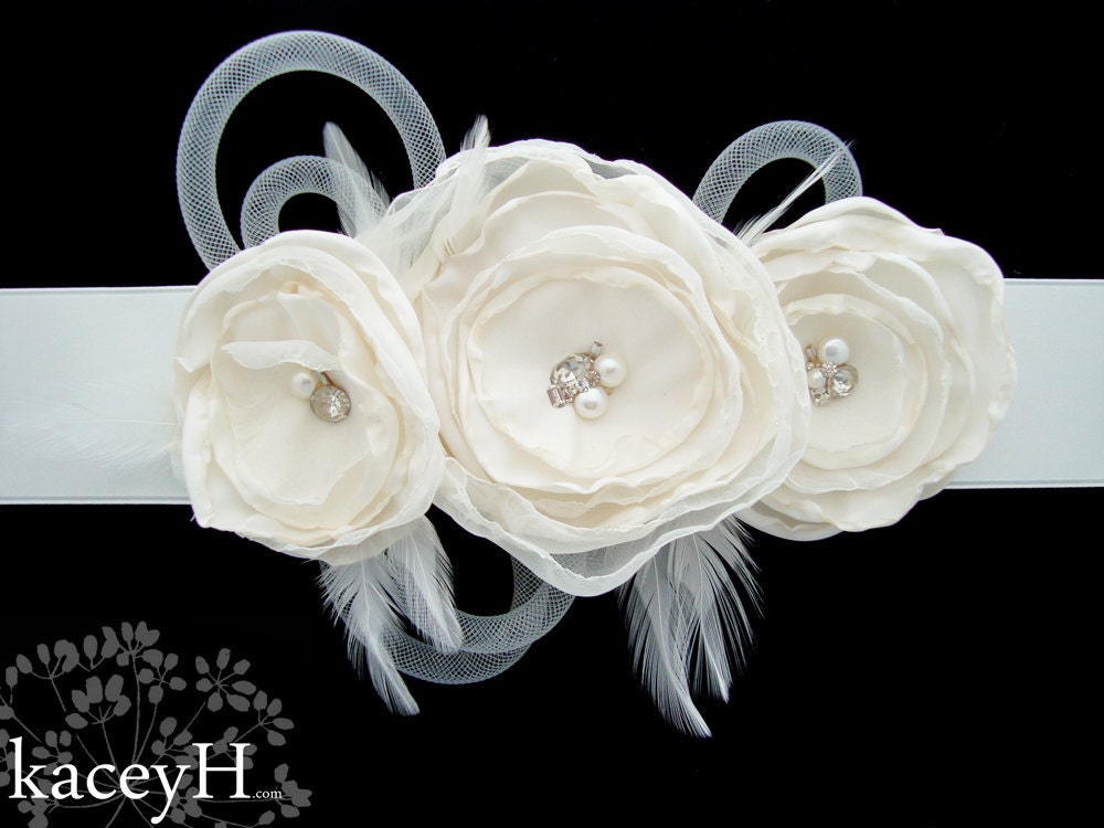 Bridal sash with ivory flowers filled with Swarovski crystals and pearls. Ready to ship.