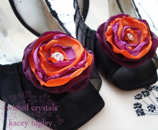 Plum and tangerine dream flower SHOE CLIPS in purples, pinks and orange filled with vintage Swarovski crystals. For your summer wedding or favorite dress...