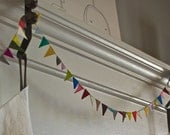Multi colored wool felt flag garland, 11 foot long.