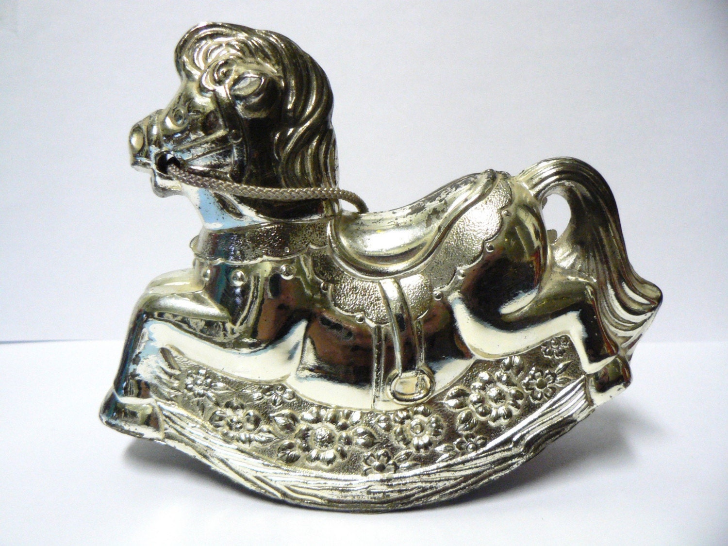 Vintage SILVER Metal Rocking Horse COIN BANK