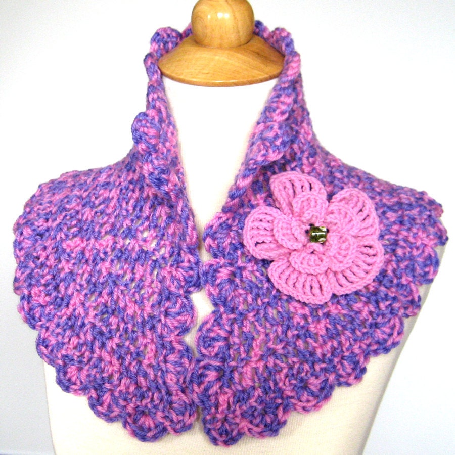Crochet Capelet: Pink & Lavender Wool with Flower Brooch
