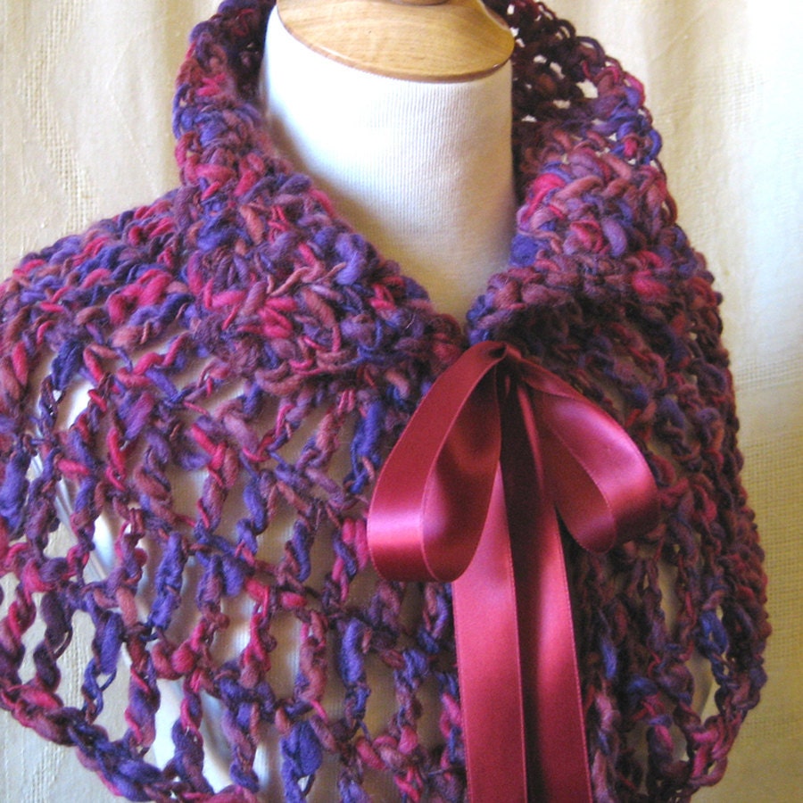 Purple Crochet Capelet Poncho - Victorian Violet Wool Lace