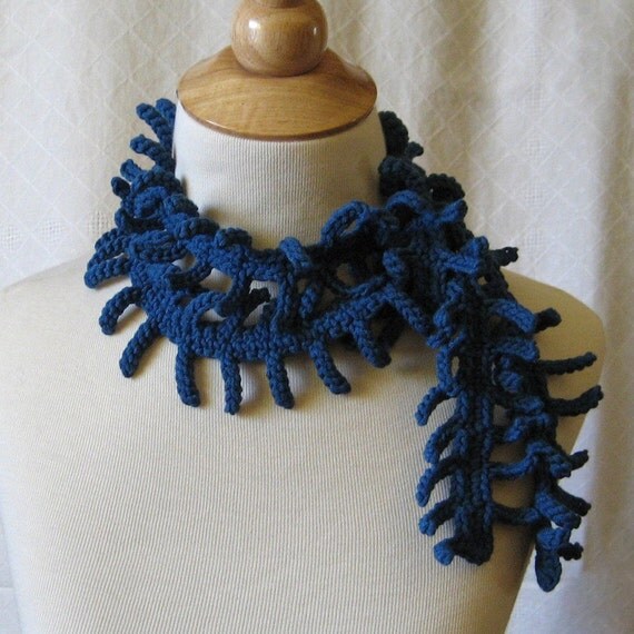 Cobalt Blue Crochet Scarf Lariat - Bamboo Tendrils