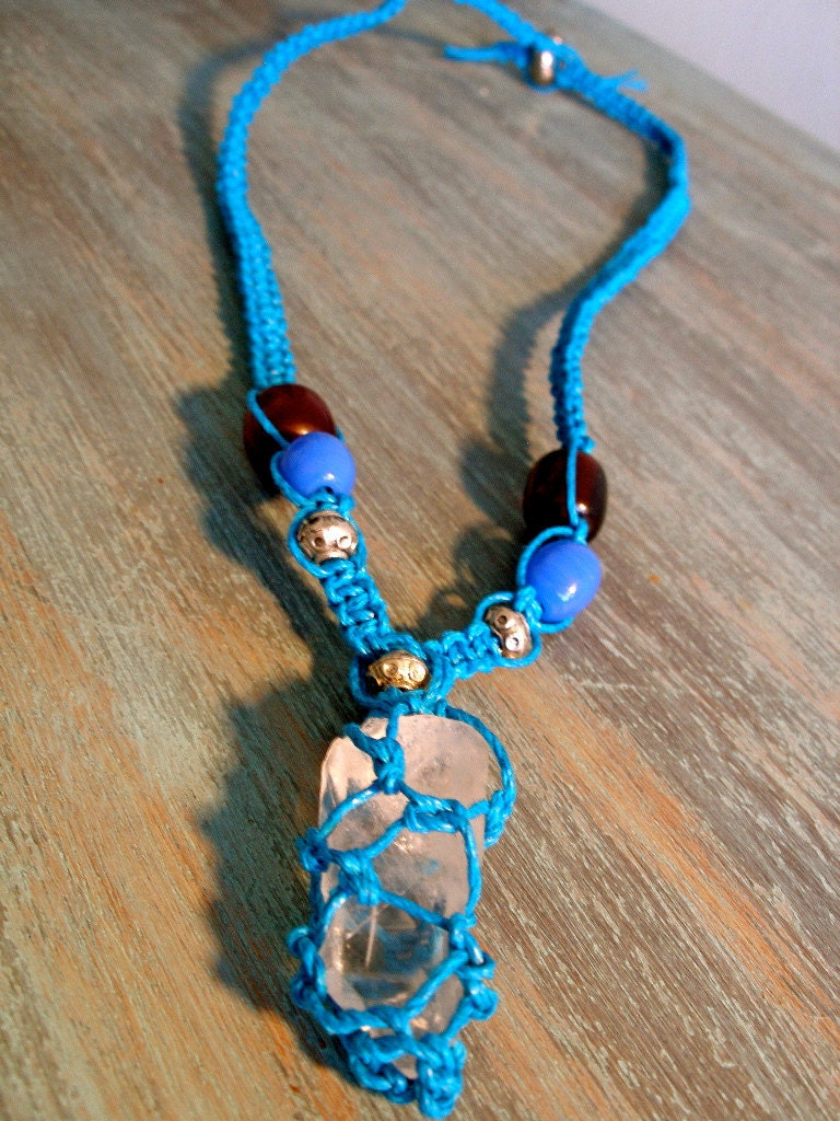 Items similar to Crystal Rain HIppie Boho Wrapped Stone Hemp Necklace