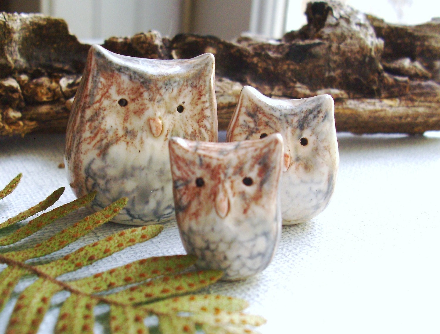 Cute Little Owl Trio Porcelain Miniature Sculptures