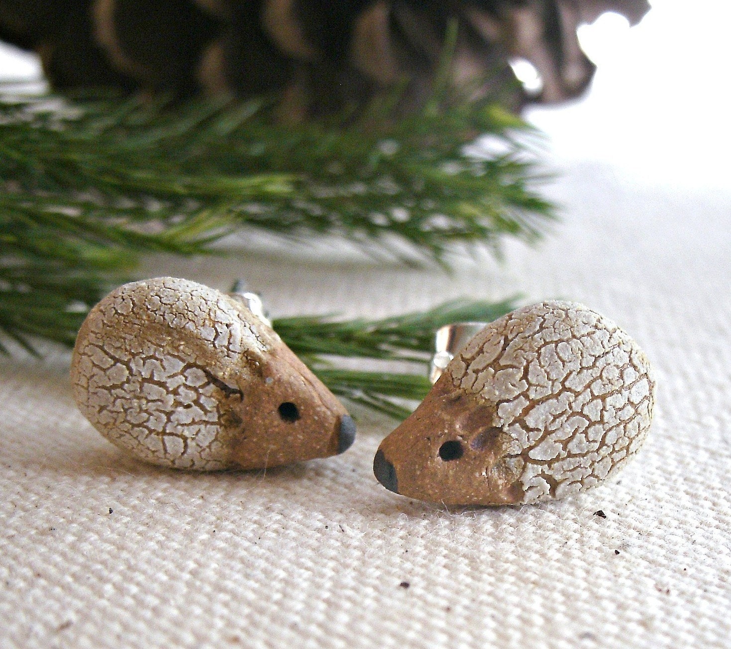 White and Brown Crackle Hedgehog Stud Earrings, So Tiny and Cute-Made to Order