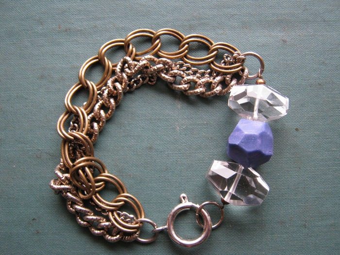 SALE - 20% off - Geo Bead Chain Bracelet - Quartz Crystal Polymer Clay Beads