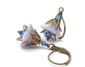 Flower Earrings White Striped Blue Glass Swarovski Crystals Dangle Hawaiibeads