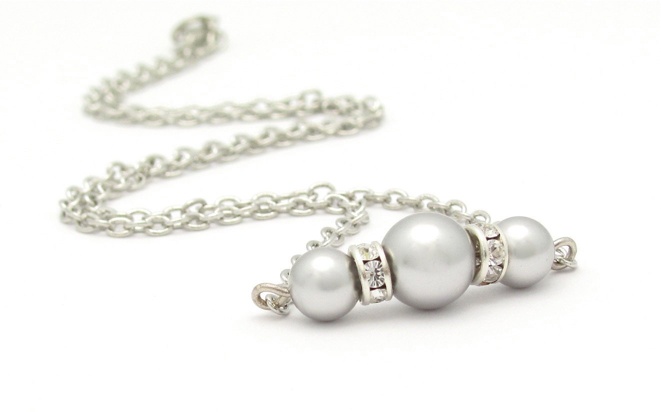 Gray Pearl Necklace Silver Gray Swarovski Crystal Silvertone Chain Wedding Jewelry