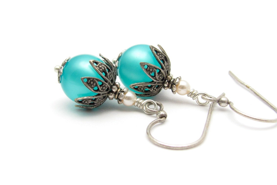 Aqua Blue Earrings Vintage Bead Earrings Moonglow Swarovski Pearl Earrings Vintage Style