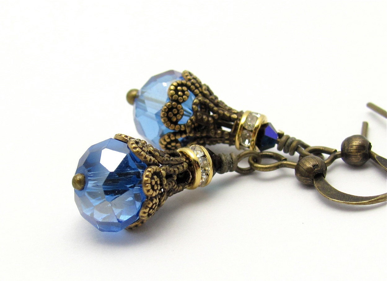Blue Earrings Crystal Faceted Beads Swarovski Crystals Antiqued Goldtone Hawaii Beads Vintage Style