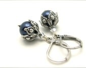 Night Blue Pearl Earrings Ornate Steampunk Earrings Swarovski Crystal Pearls June Birthstone Antiqued Silvertone Hawaii Beads
